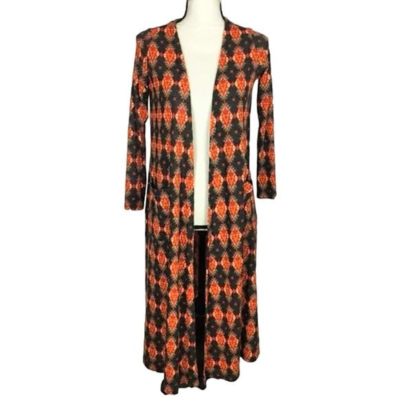Lularoe Southwest Aztec Geometric Print Open Front Sweater Orange Gray Teal SM - Picture 1 of 7